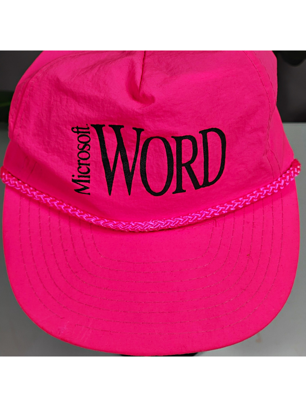 Vintage 80s Pink Microsoft Word Baseball Cap Nylon Hat OSFM